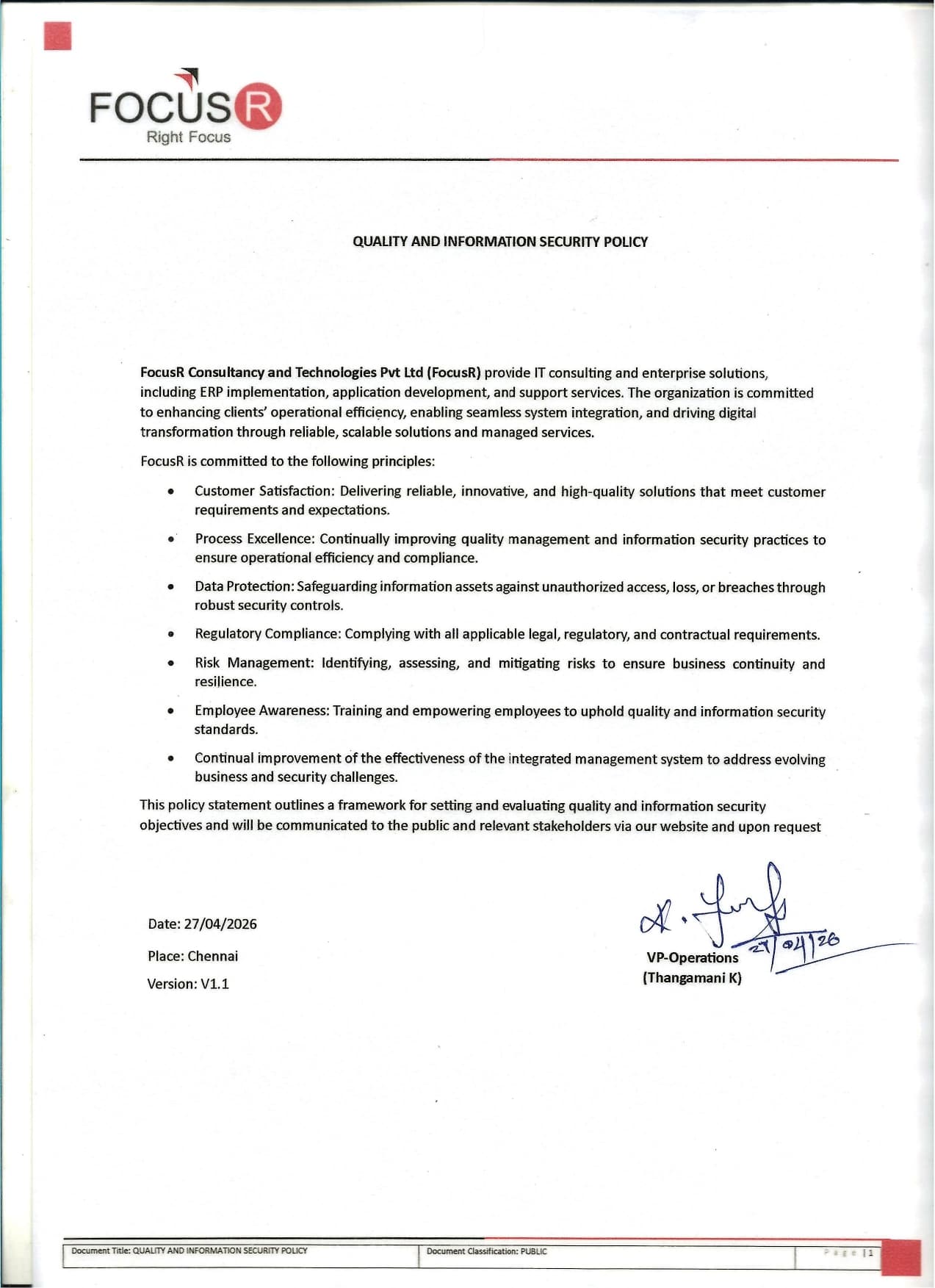 Quality and Information Security Policy — official signed source document